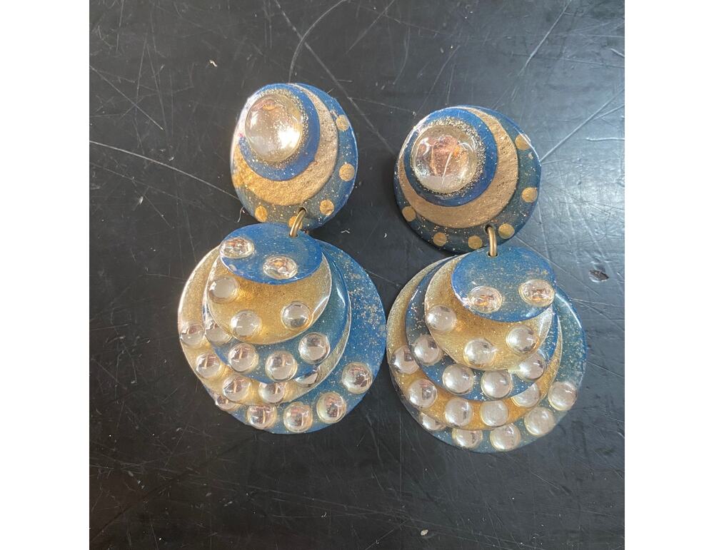 vintage 1980s huge statement earrings, blue rhinestones, 80s fashion, clip on